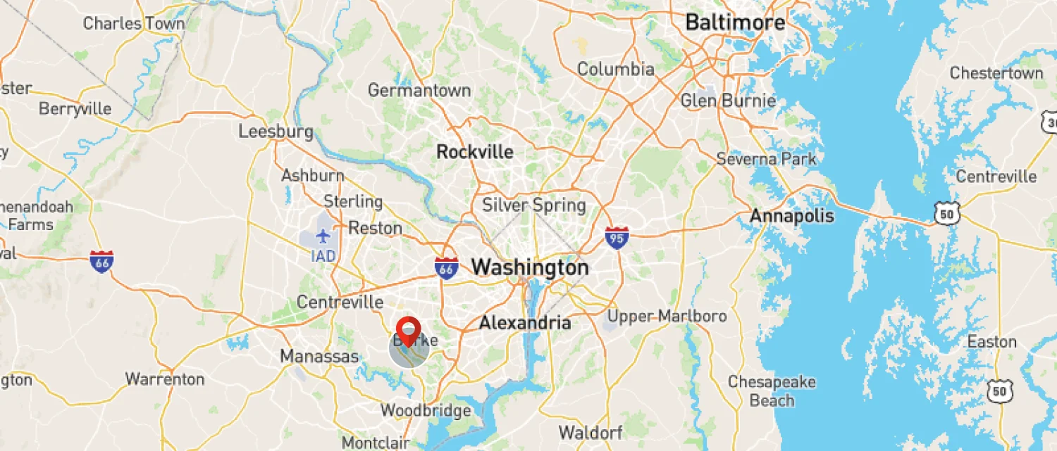 Road map of the Washington, D.C. and Baltimore area with a red location pin